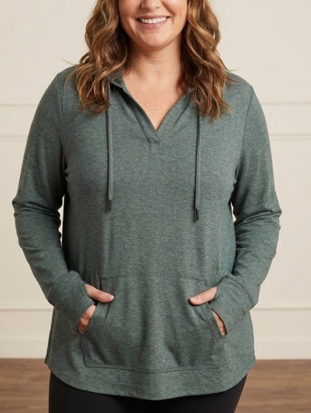 We Wander Heathered Green Lightweight Hooded Pocket Kangaroo Pouch Pullover Top